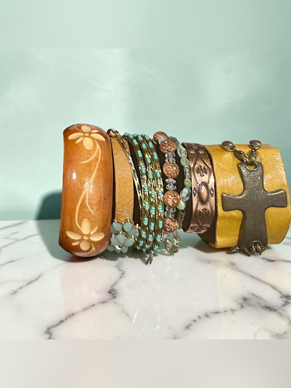 Boho Western Bracelet Stack Lot Wooden Cuff Leather Metal Cross Beaded Turquoise